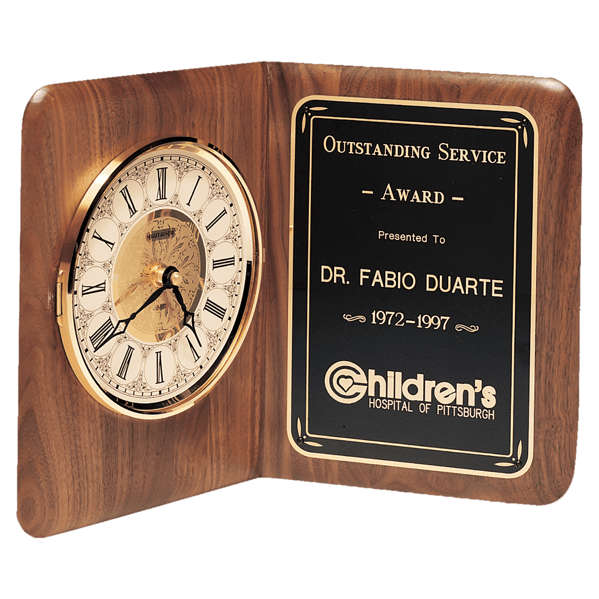 12 1/2" x 9 1/2" Walnut Quartz Book Clock, Brass Diamond Spun Bezel, Glass Lens, Ivory Dial