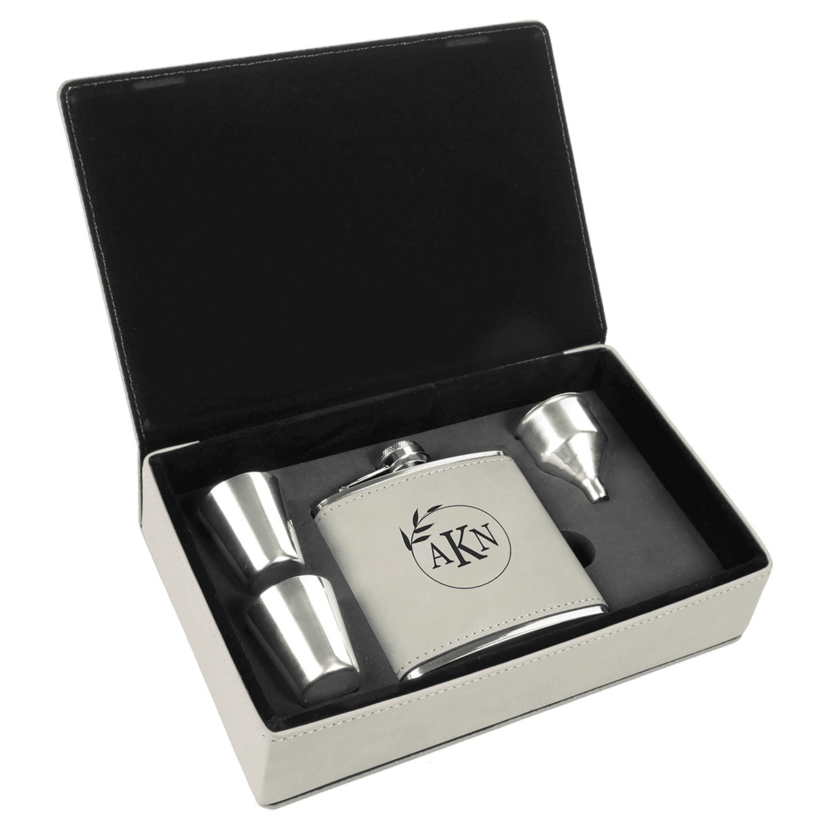 White 6 oz. Laserable Leatherette Flask Gift Set