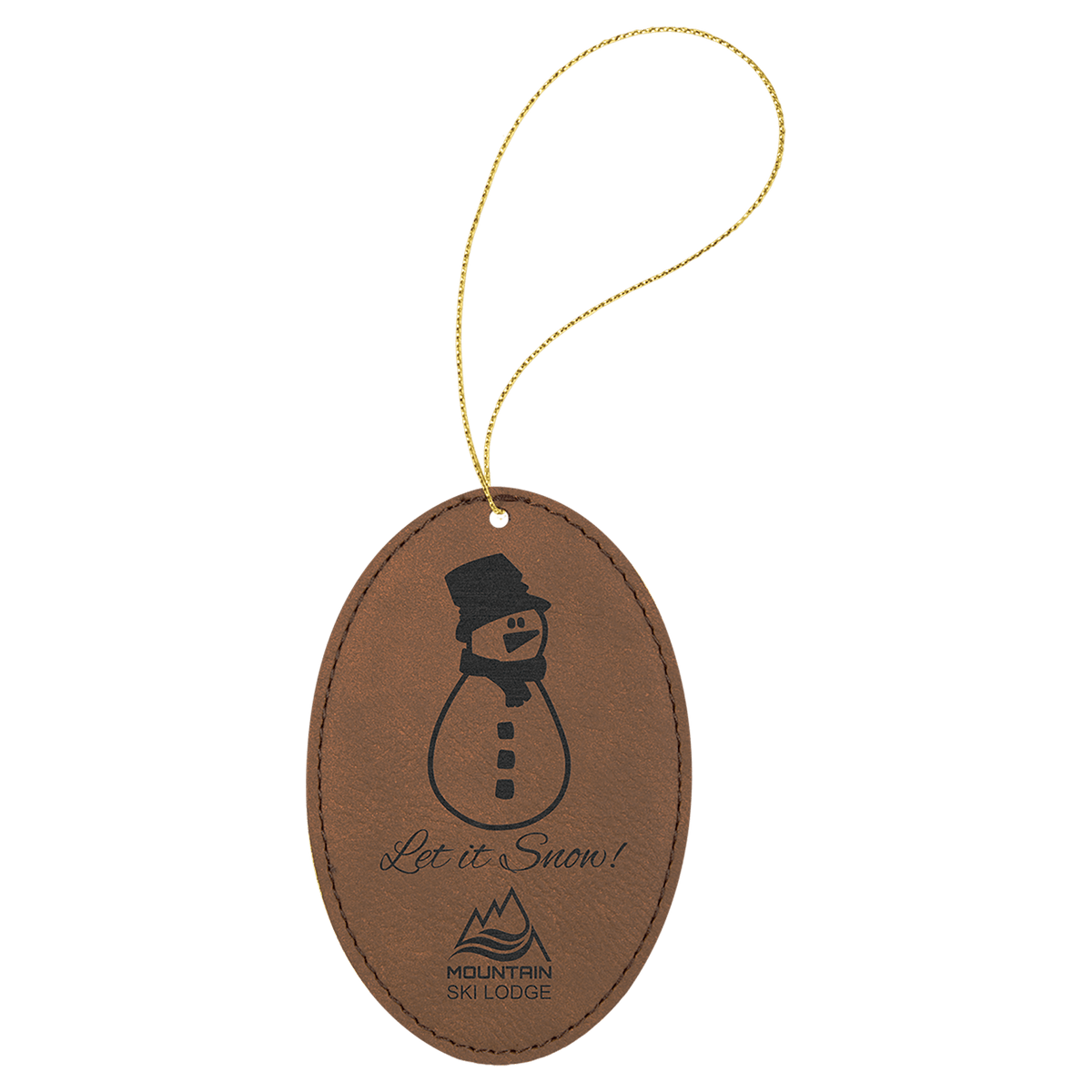 Laserable Leatherette Oval Ornament with Gold String - Dark Brown