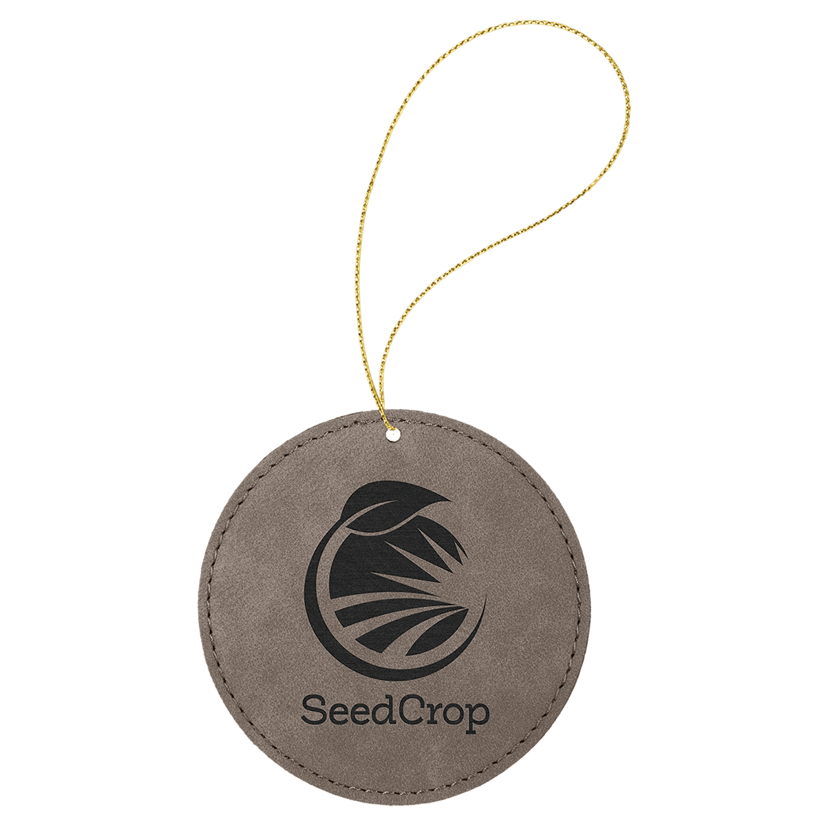 Laserable Leatherette Round Ornament with Gold String - Gray