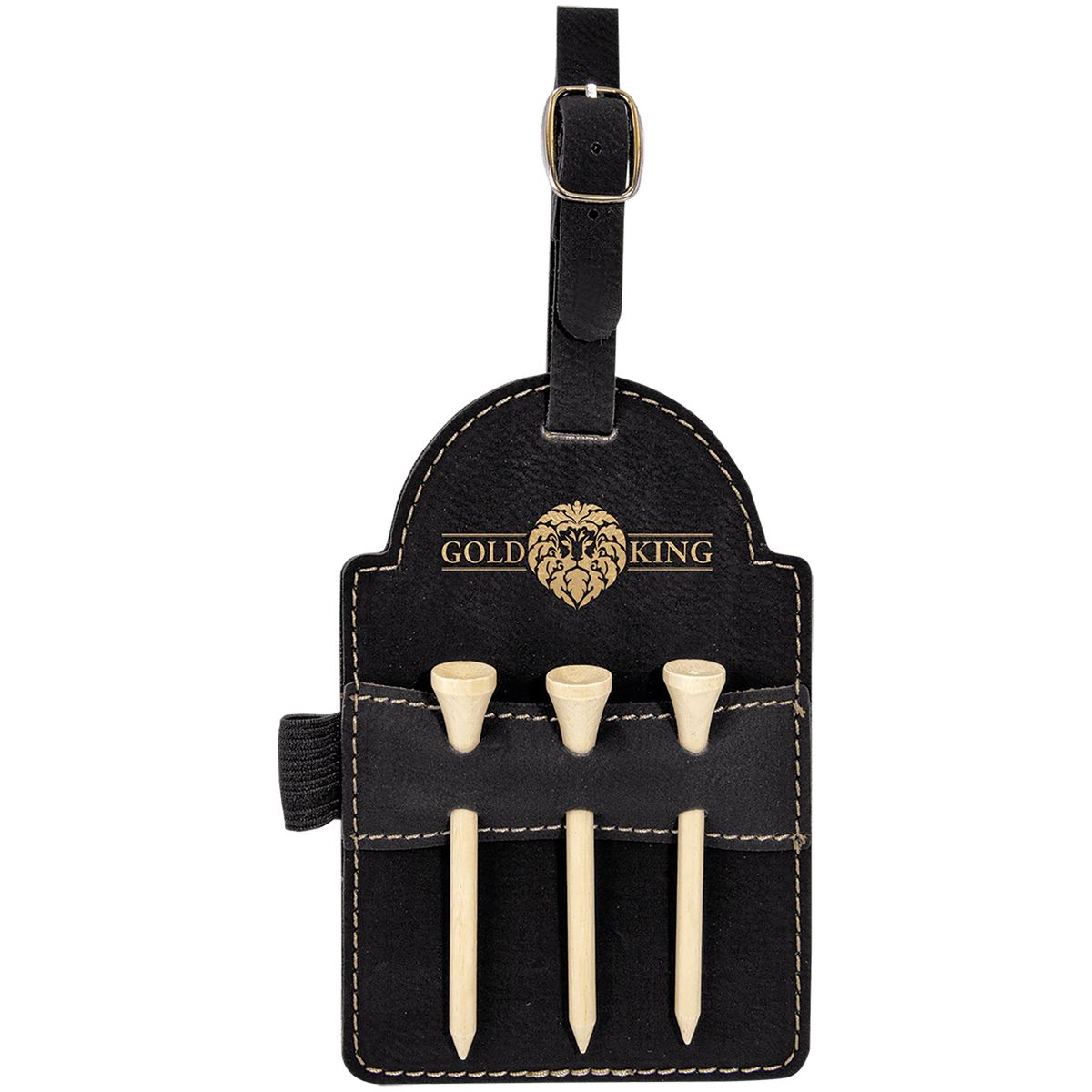 5" x 3 1/4" Laserable Leatherette Golf Bag Tag with 3 Wooden Tees - Black/Gold