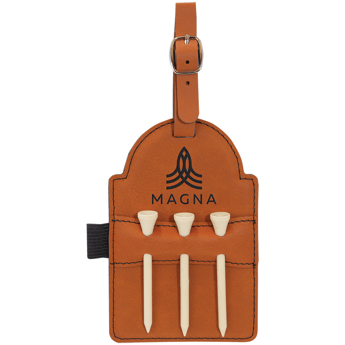 5" x 3 1/4" Laserable Leatherette Golf Bag Tag with 3 Wooden Tees - Rawhide