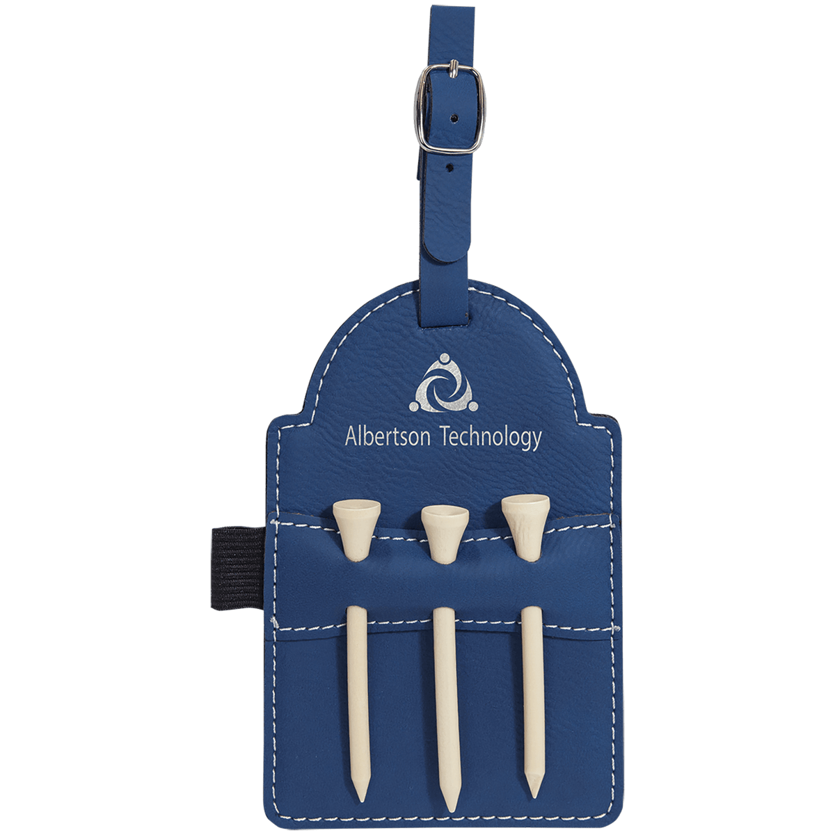 5" x 3 1/4" Laserable Leatherette Golf Bag Tag with 3 Wooden Tees - Blue/Silver