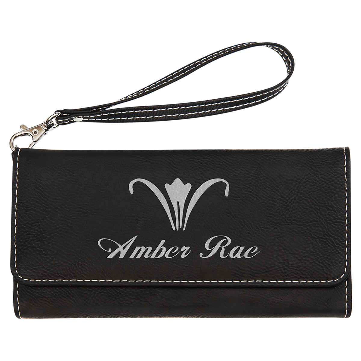 7 1/2" x 4" Laserable Leatherette Wallet with Strap - Black/Silver