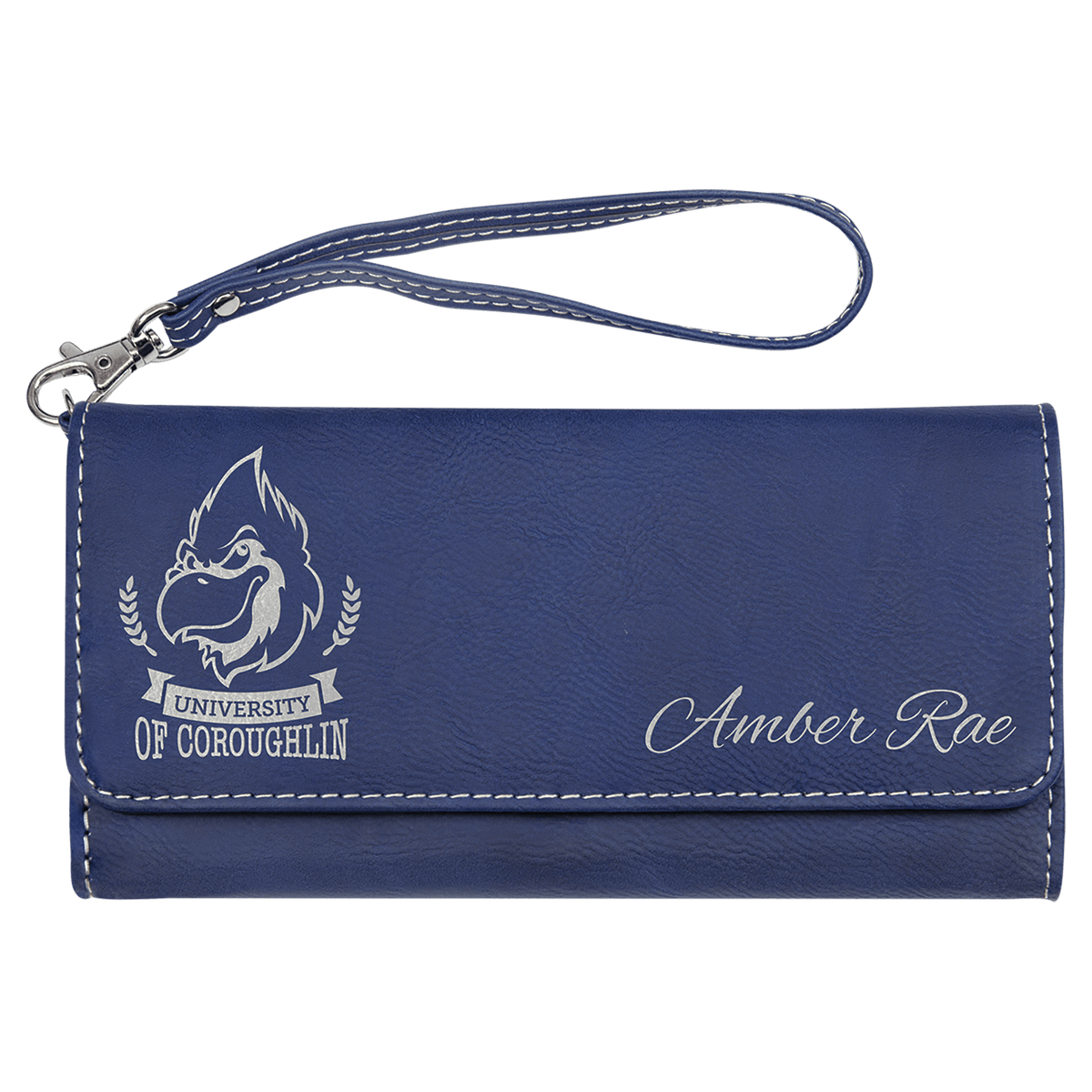 7 1/2" x 4" Laserable Leatherette Wallet with Strap - Blue/Silver