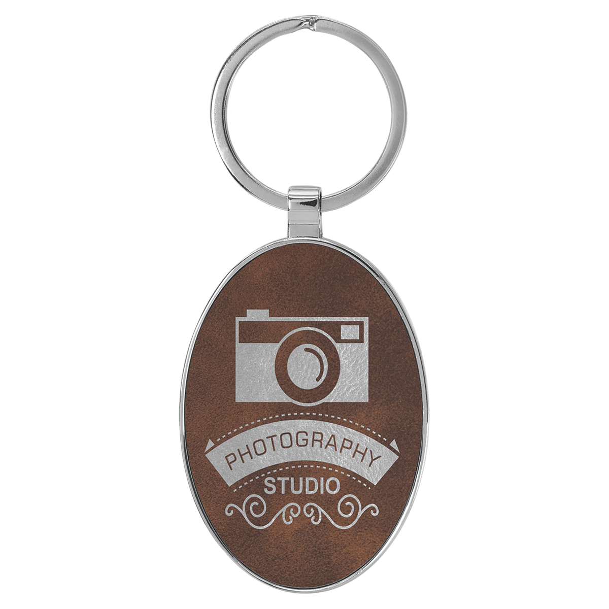 3" x 1 3/4" Laserable Leatherette/Metal Oval Keychain - Rustic/Silver