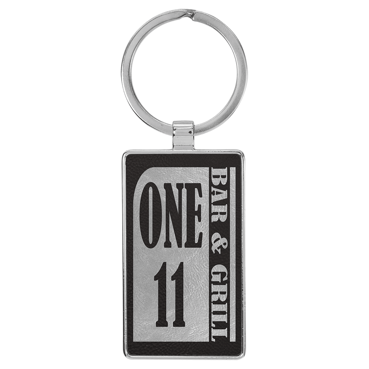 2 3/4" x 1 1/4" Laserable Leatherette/Metal Rectangle Keychain - Black/Silver