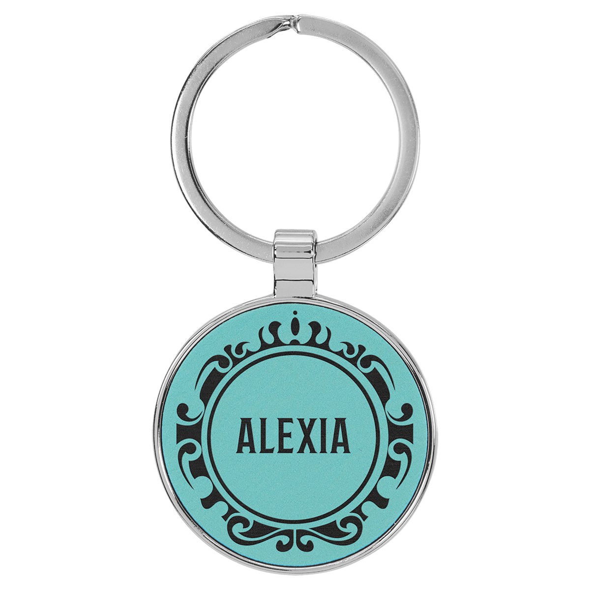 1 1/2" Laserable Leatherette/Metal Round Keychain - Teal