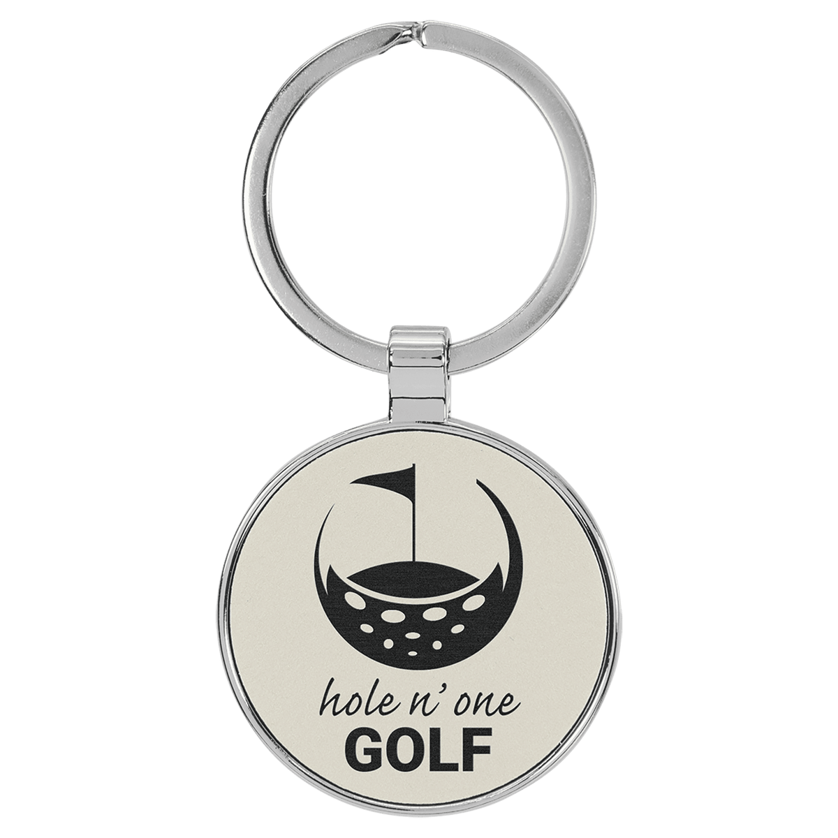 1 1/2" Laserable Leatherette/Metal Round Keychain - White