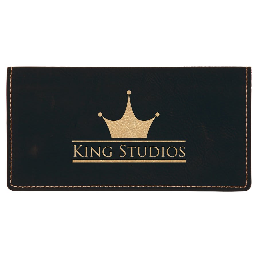 6 3/4" x 3 1/2" Laserable Leatherette Checkbook Cover - Black/Gold
