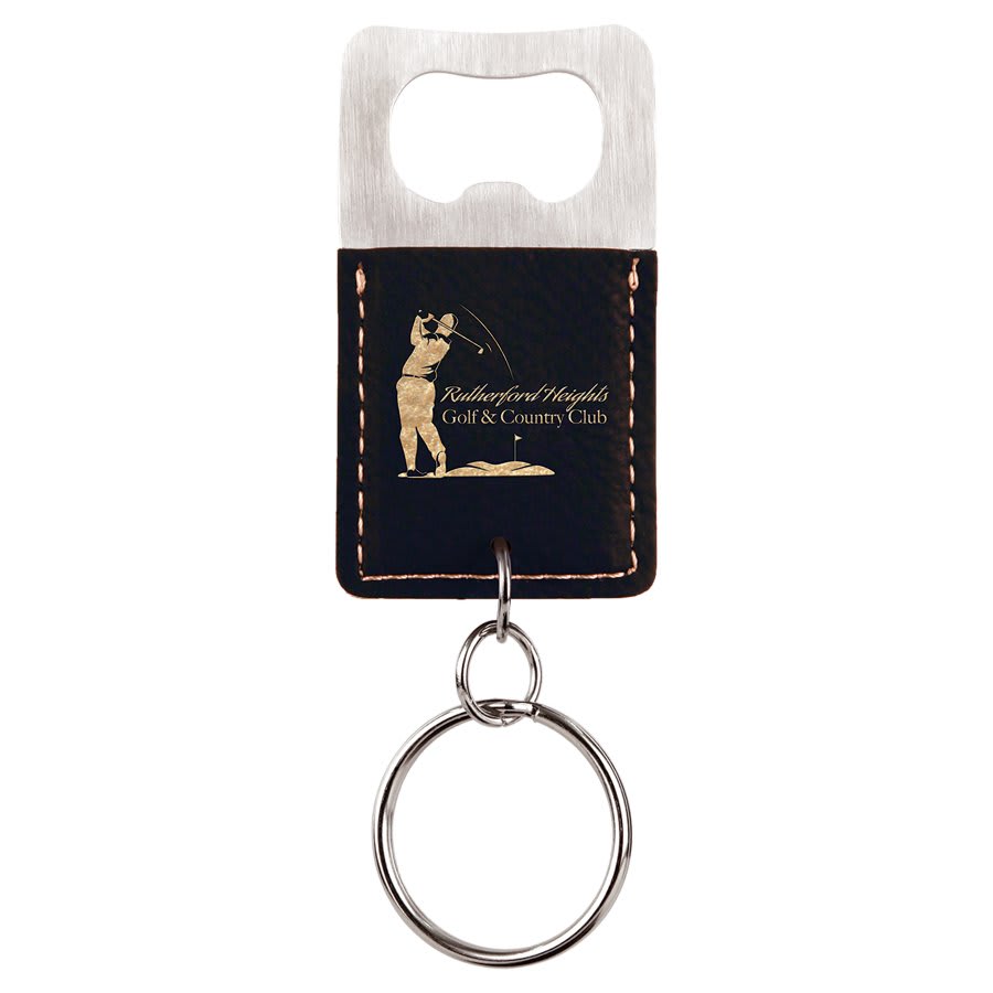 Black/Gold Rectangle Laserable Leatherette Bottle Opener Keychain