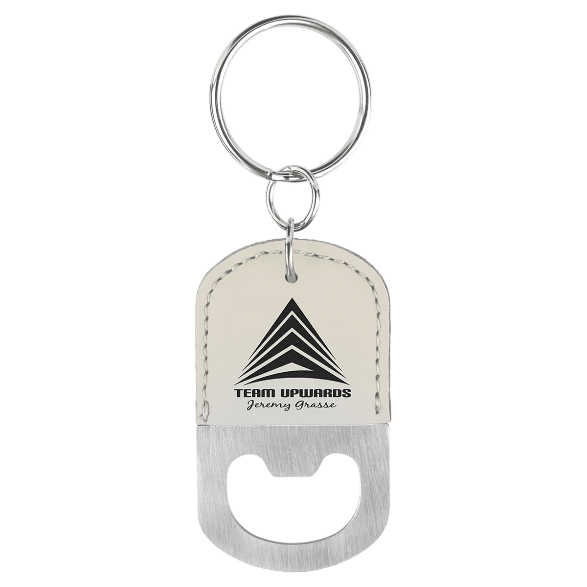 White Oval Laserable Leatherette Bottle Opener Keychain