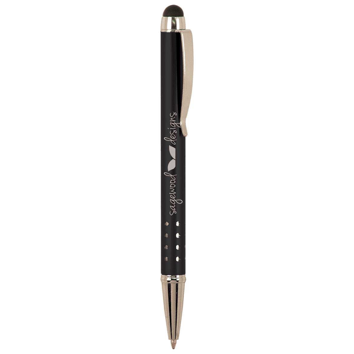 Laserable Pen with Silver Trim with Stylus - Black