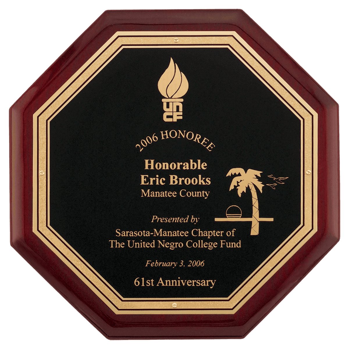 10" x 10" Octagonal Rosewood Piano Finish Plaque with Black Florentine LaserFX Plate
