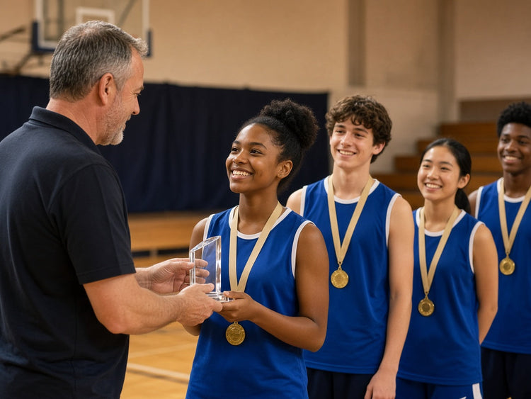Coach presenting engraved medals to a youth team