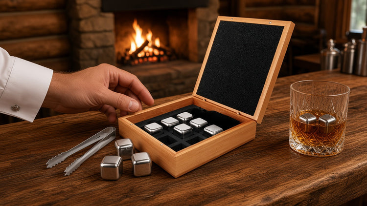 Whiskey stones groomsmen gift by a Jackson Hole lodge fire