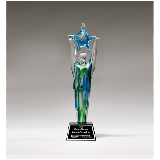 11 1/2" Star Achiever Art Glass on Black Glass Base with Black Laserable Aluminum Plate