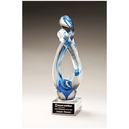 12" Contemporary Sculpture with Blue Accent Art Glass on Clear Glass Base with Black Laserable Aluminum Plate