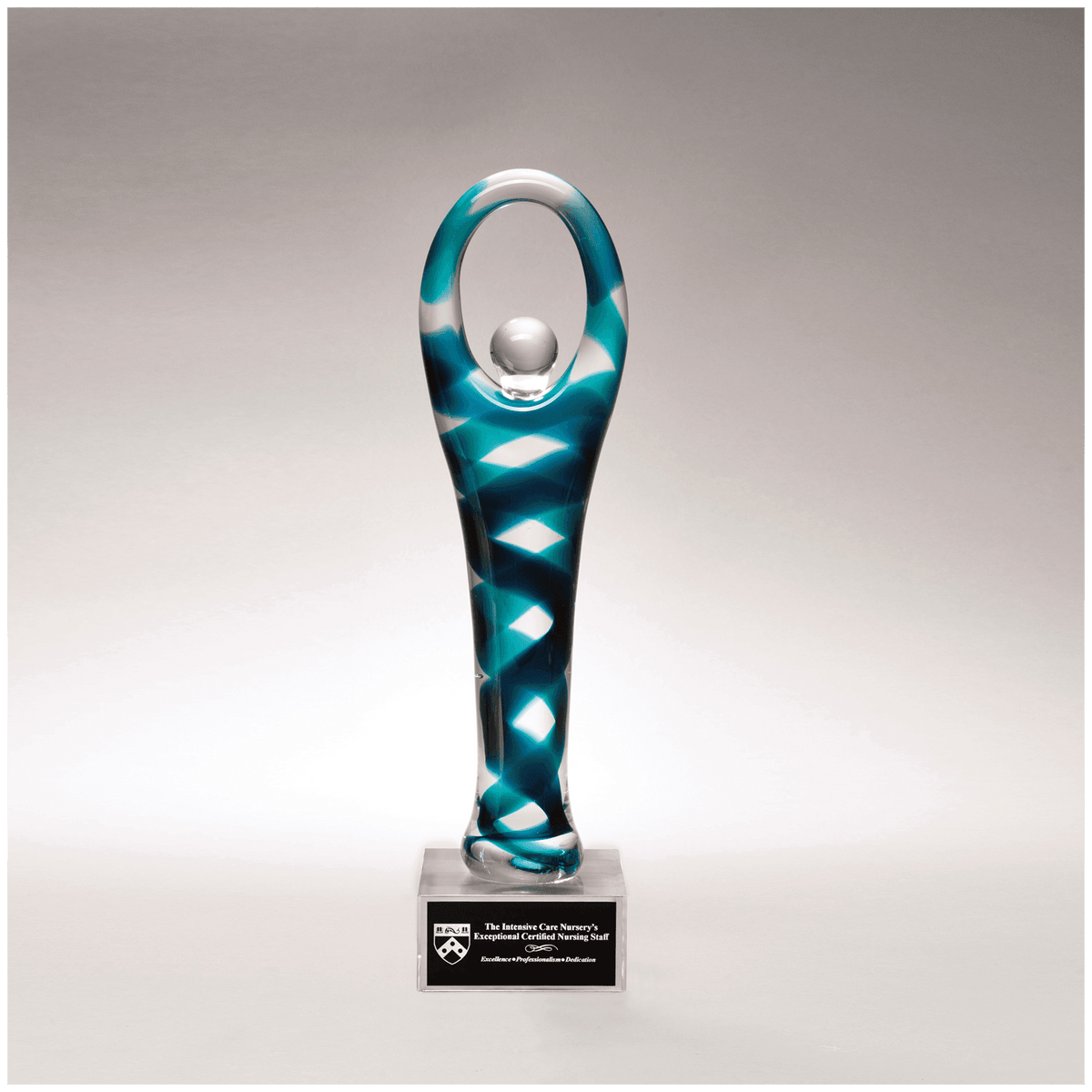 12 1/4" Victory Art Glass on Clear Glass Base with Black Laserable Aluminum Plate