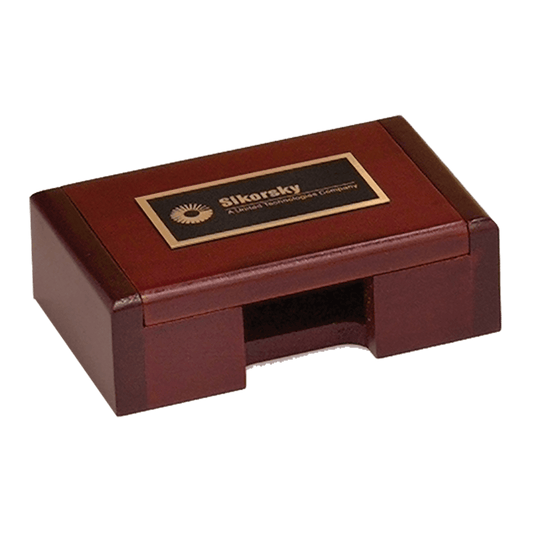 4 3/8" x 2 7/8" Rosewood Finish Business Card Box with Laserable Black Brass Plate