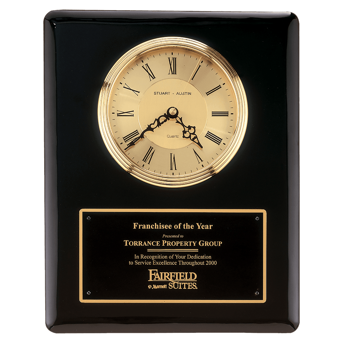 10 1/2" x 13" Dial, Plate - Black Piano Finish Clock, Waterfall Bezel with Glass Lens, Gold