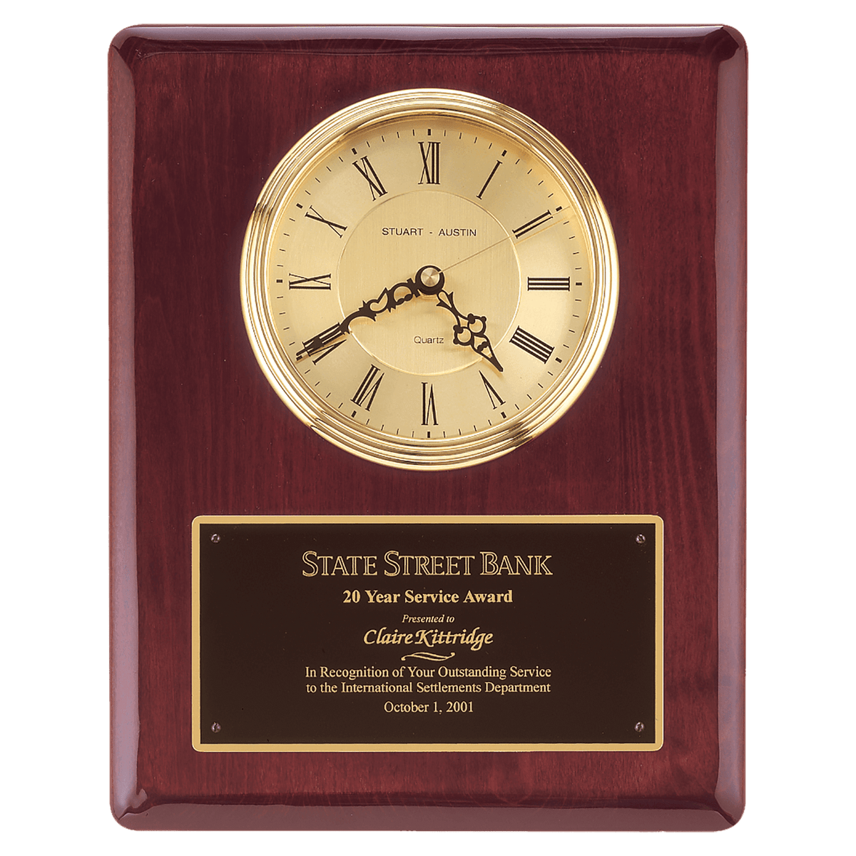10 1/2" x 13" Dial, Plate - Rosewood Piano Finish Clock, Waterfall Bezel with Glass Lens,Gold