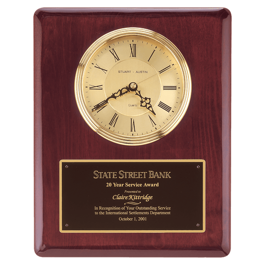 10 1/2" x 13" Dial, Plate - Rosewood Piano Finish Clock, Waterfall Bezel with Glass Lens,Gold
