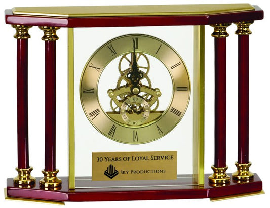 7 1/4" Executive 4-Pillar & Rosewood Piano Finish Clock - Gold