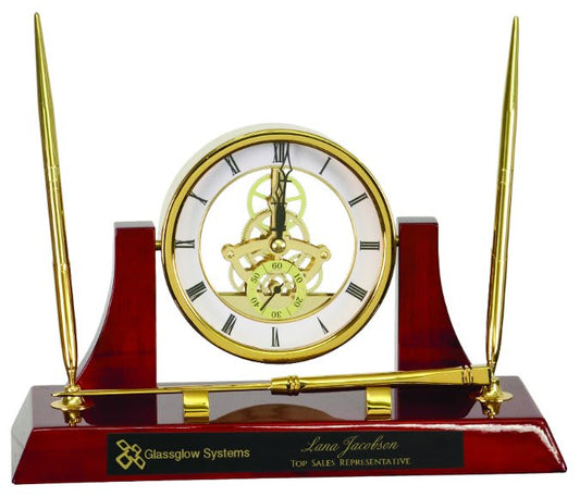 10 1/2" x 6" Executive/Rosewood Piano Finish Clock w/2 Pens/Letter Opener - Gold