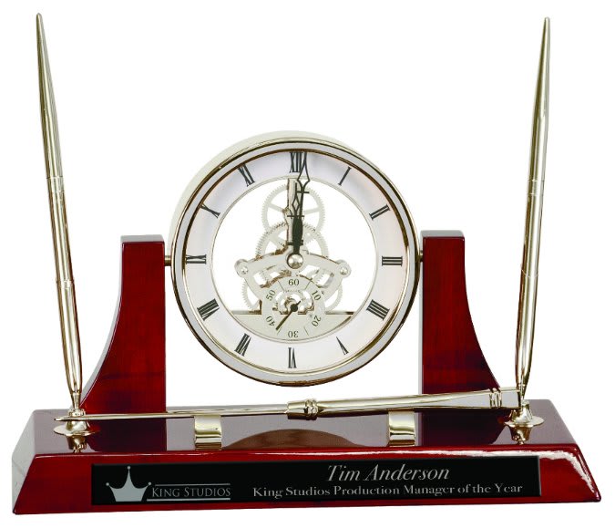 10 1/2" x 6" Executive/Rosewood Piano Finish Clock w/2 Pens/Letter Opener - Silver