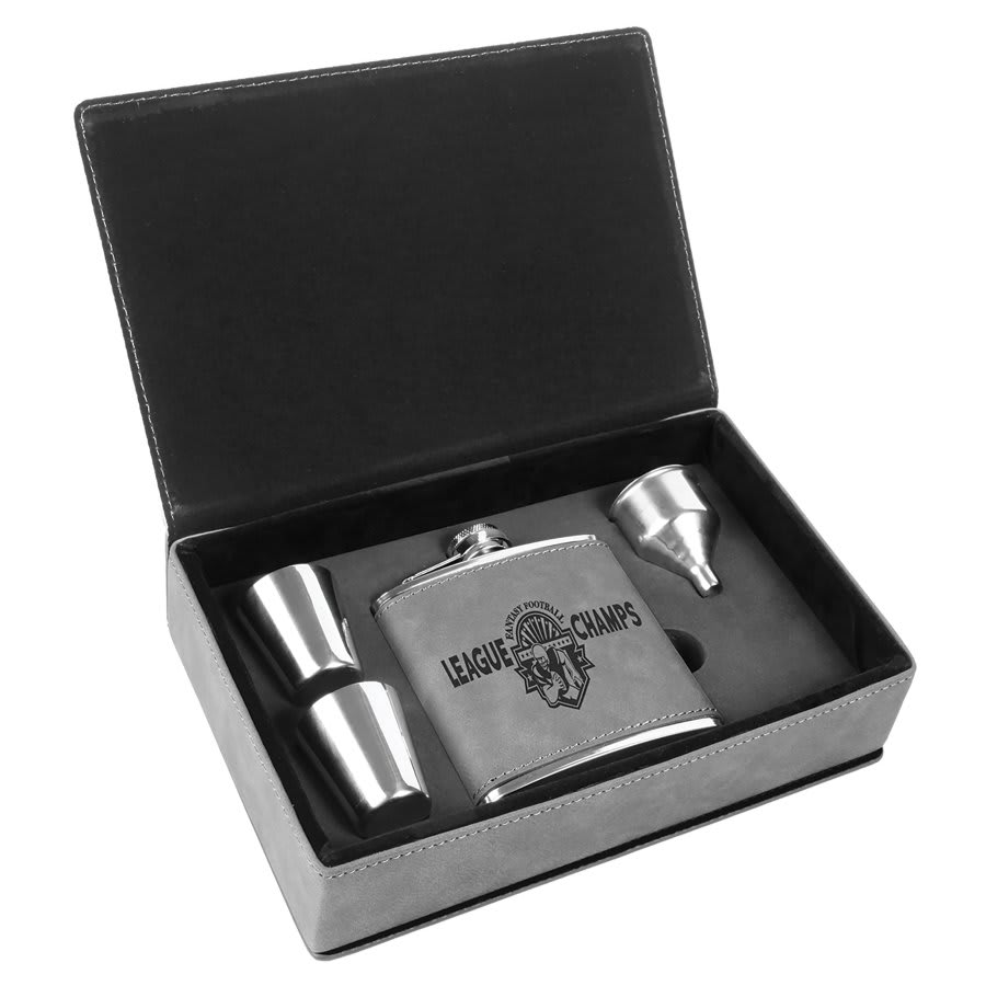 Gray 6 oz. Laserable Leatherette Flask Gift Set