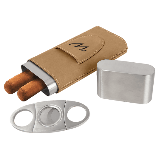 Laserable Leatherette Cigar Case with Cutter - Light Brown