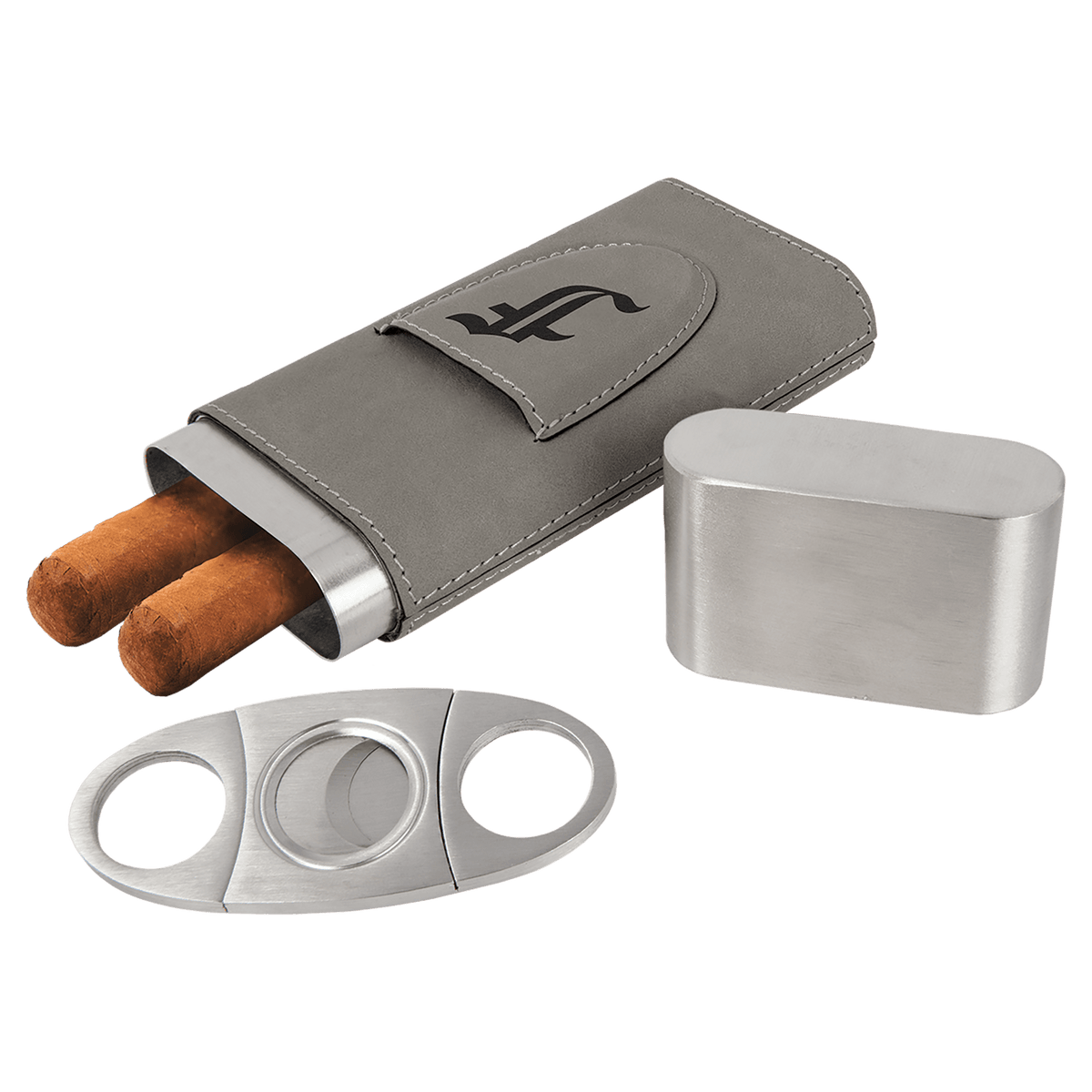 Laserable Leatherette Cigar Case with Cutter - Gray