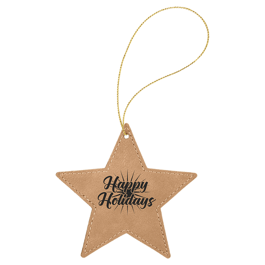 Laserable Leatherette Star Ornament with Gold String - Light Brown