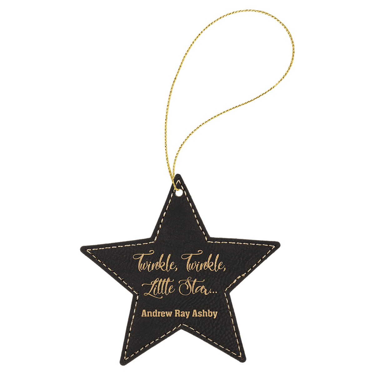 Laserable Leatherette Star Ornament with Gold String - Black/Gold