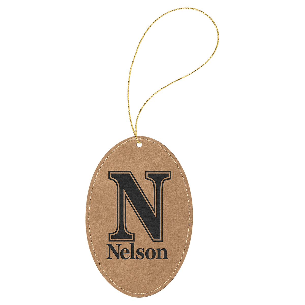 Laserable Leatherette Oval Ornament with Gold String - Light Brown