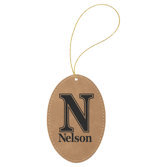 Laserable Leatherette Oval Ornament with Gold String - Light Brown