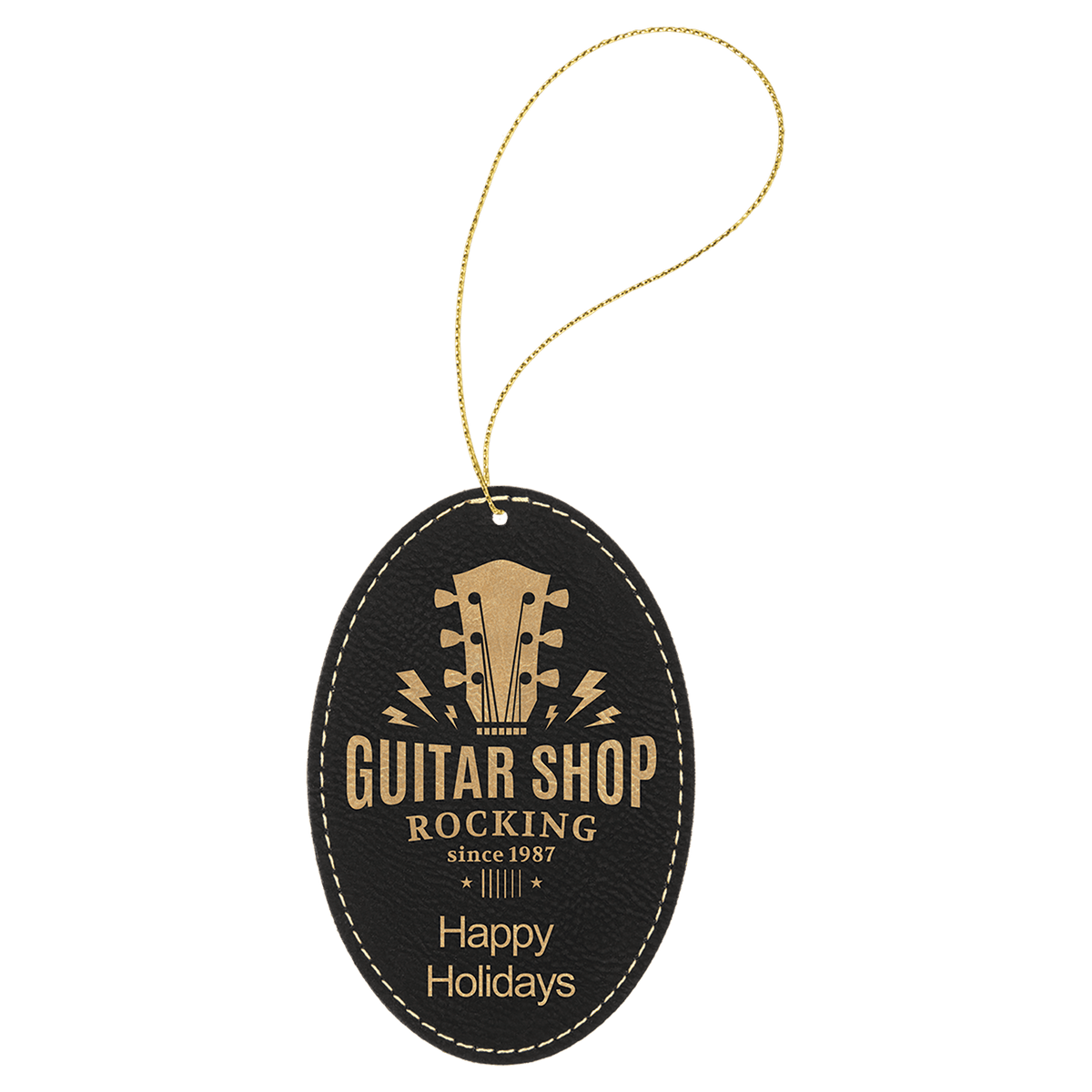 Laserable Leatherette Oval Ornament with Gold String - Black/Gold