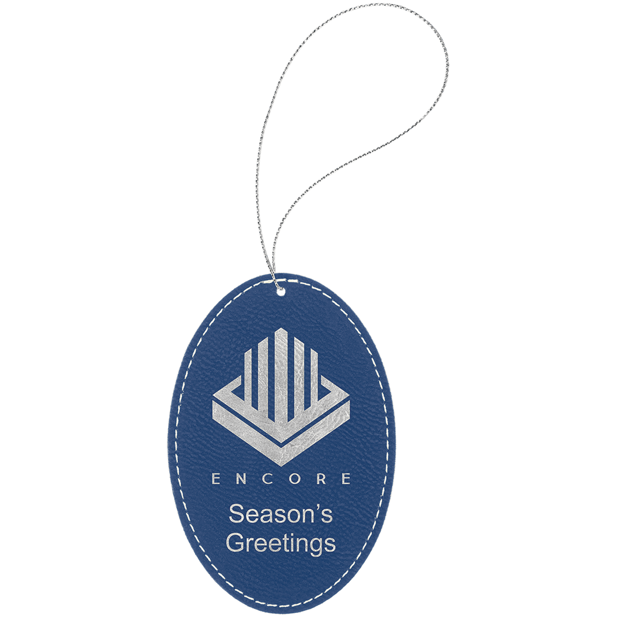 Laserable Leatherette Oval Ornament with Silver String - Blue/Silver