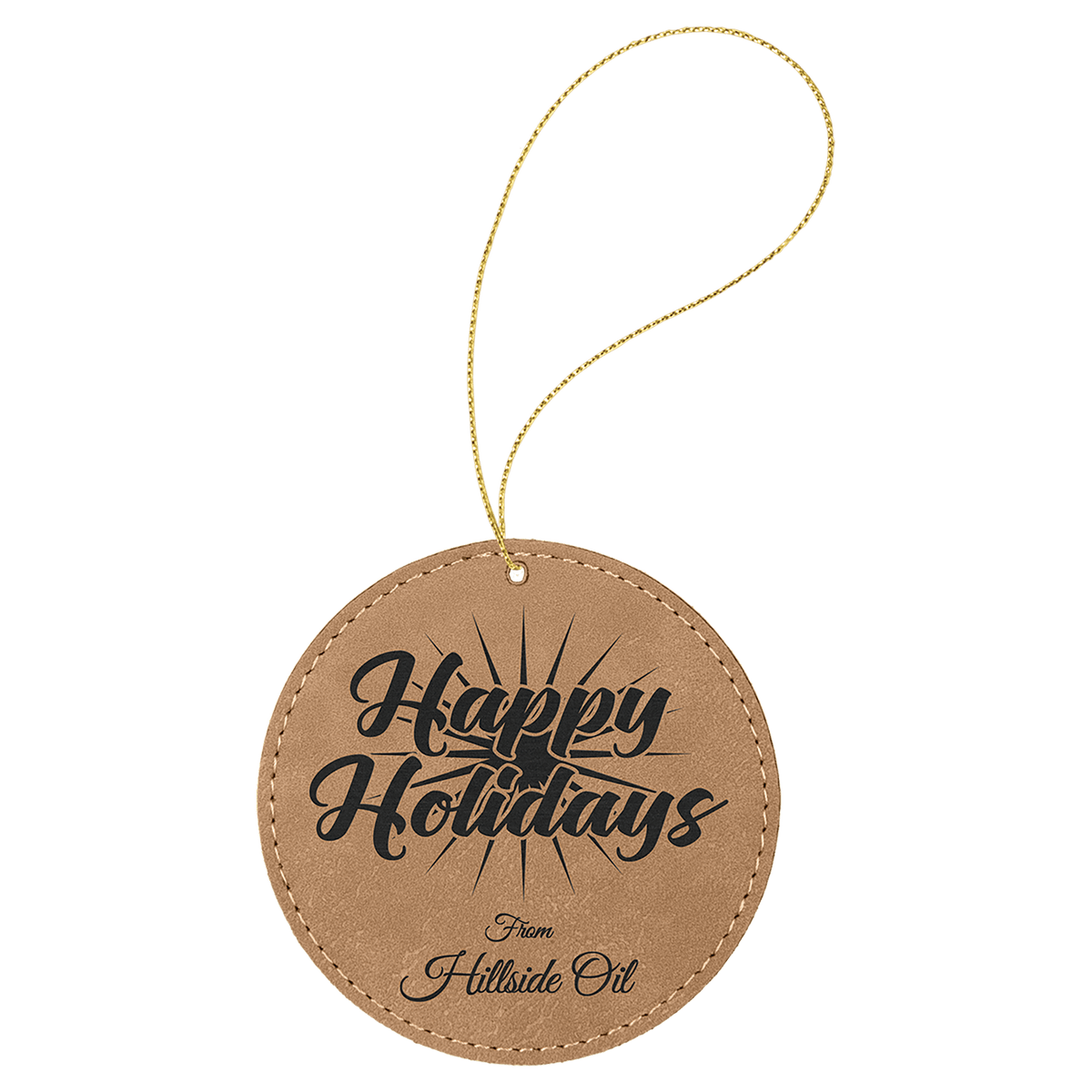Laserable Leatherette Round Ornament with Gold String - Light Brown