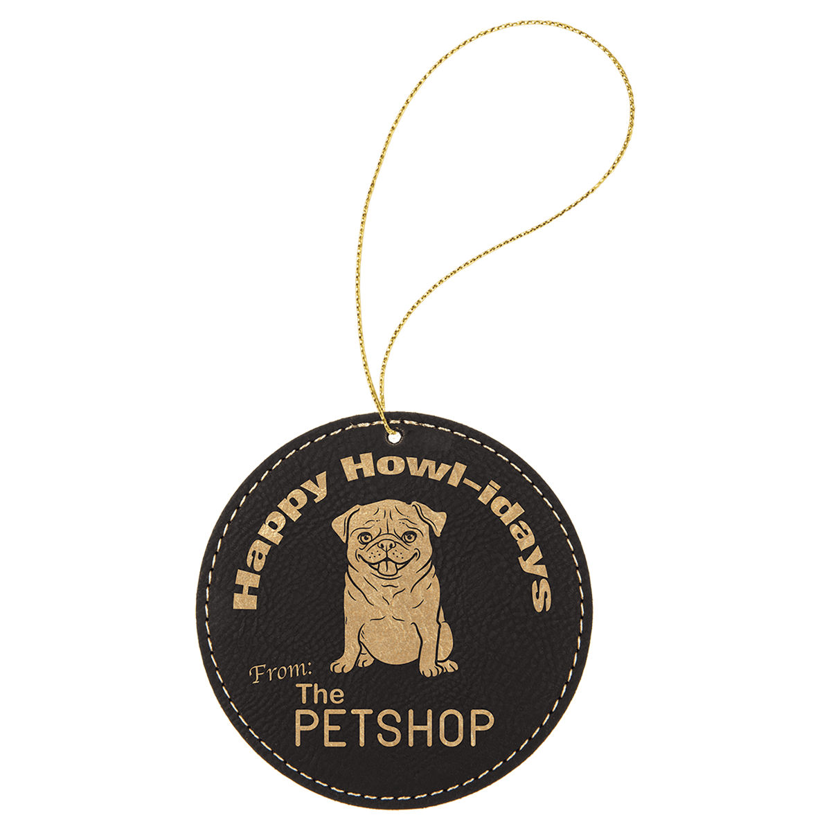 Laserable Leatherette Round Ornament with Gold String - Black/Gold