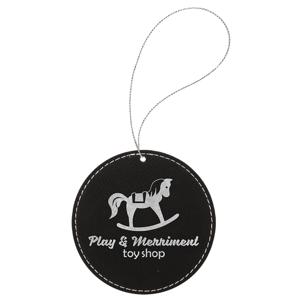Laserable Leatherette Round Ornament with Silver String - Black/Silver