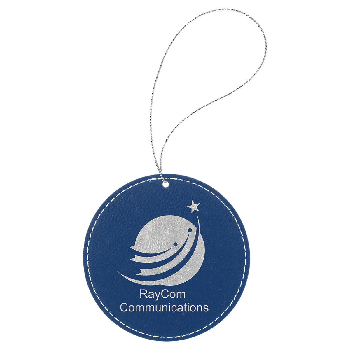 Laserable Leatherette Round Ornament with Silver String - Blue/Silver