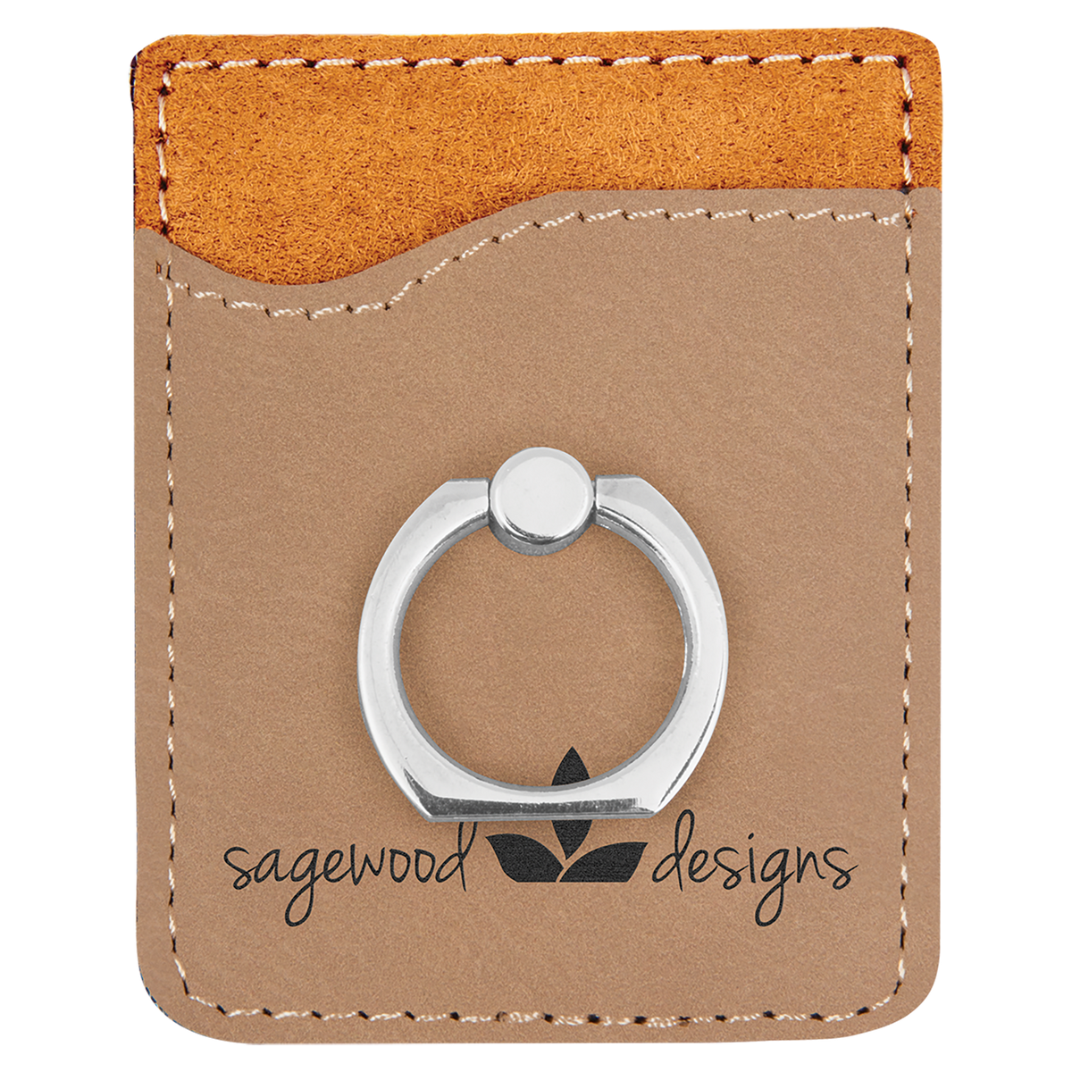 Laserable Leatherette Phone Wallet with Silver Ring - Light Brown