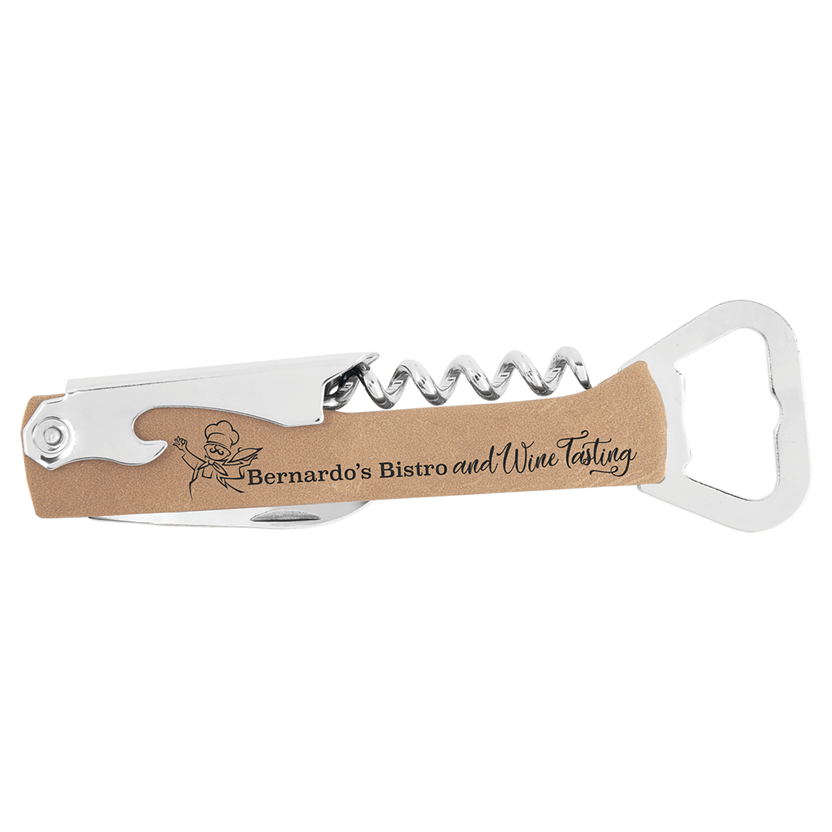Light Brown Laserable Leatherette Wine Bottle Opener