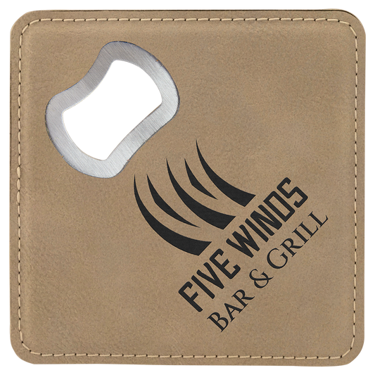 Light Brown 4" x 4" Square Laserable Leatherette Coaster with Bottle Opener