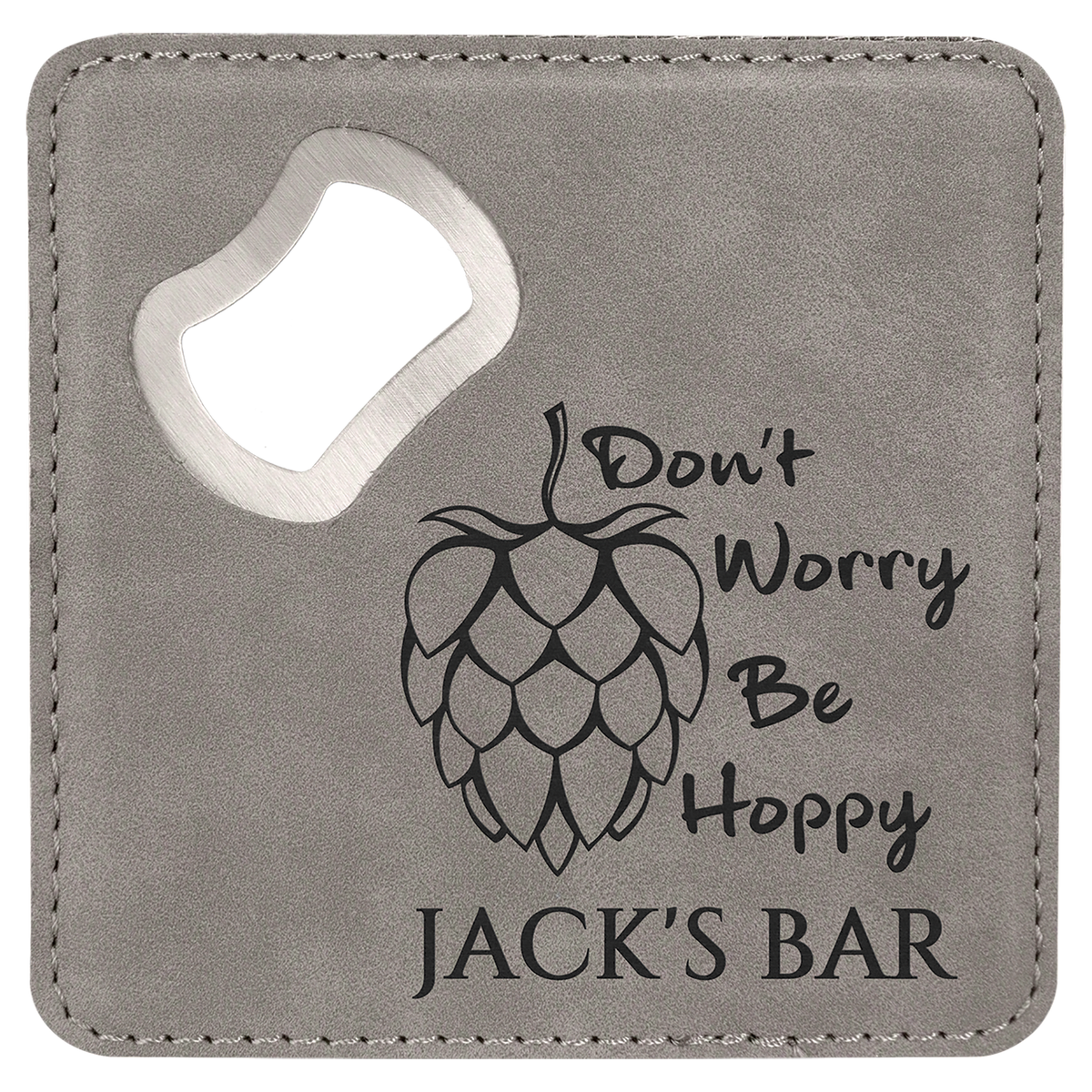 Gray 4" x 4" Square Laserable Leatherette Coaster with Bottle Opener