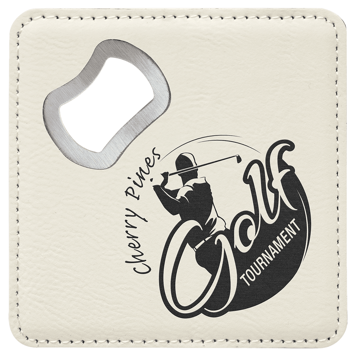 White 4" x 4" Square Laserable Leatherette Coaster with Bottle Opener