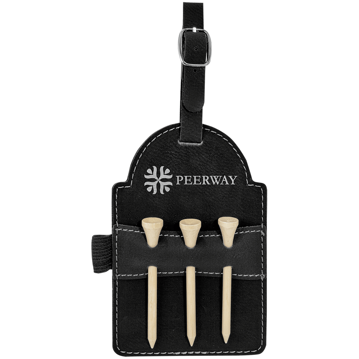 5" x 3 1/4" Laserable Leatherette Golf Bag Tag with 3 Wooden Tees - Black/Silver