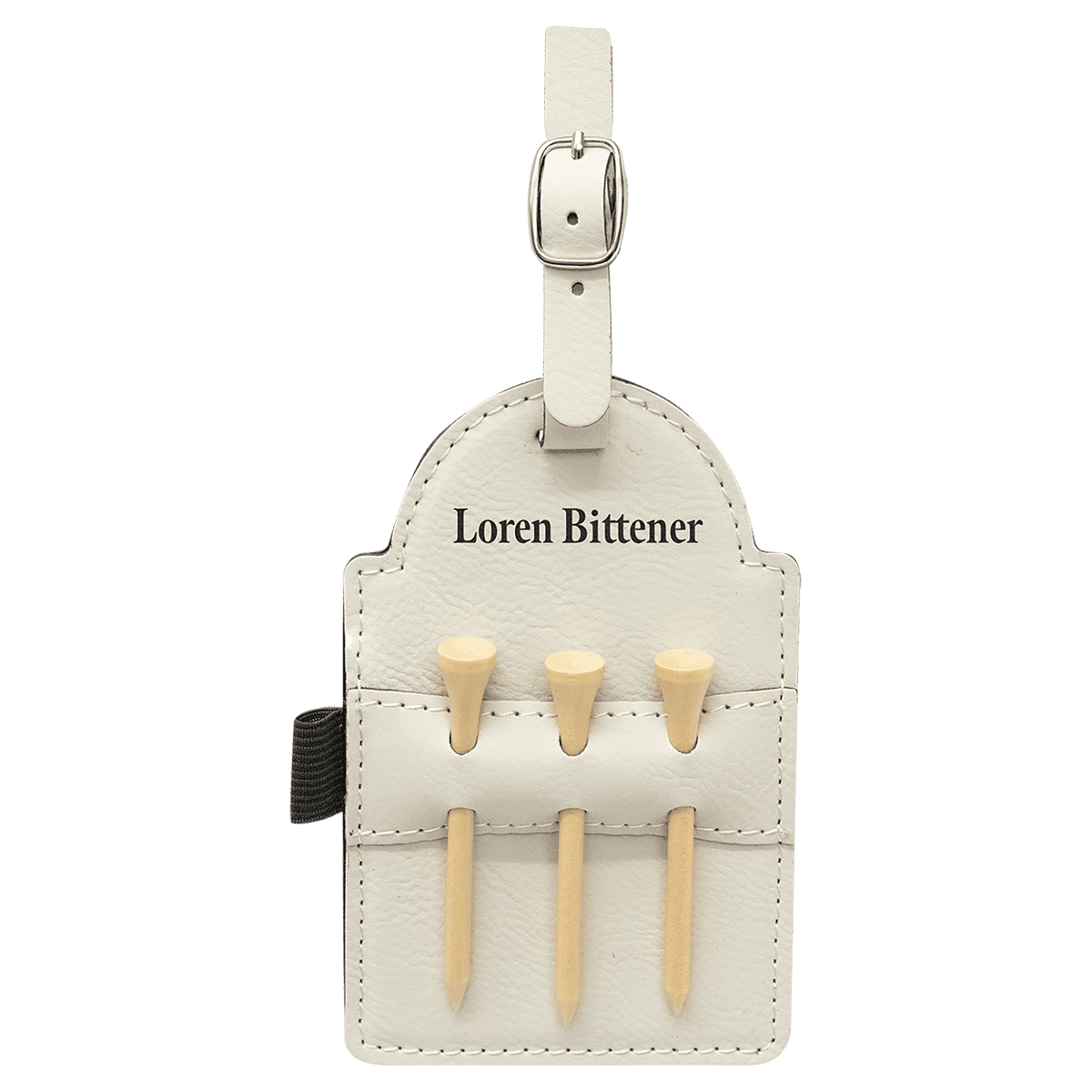5" x 3 1/4" Laserable Leatherette Golf Bag Tag with 3 Wooden Tees - White